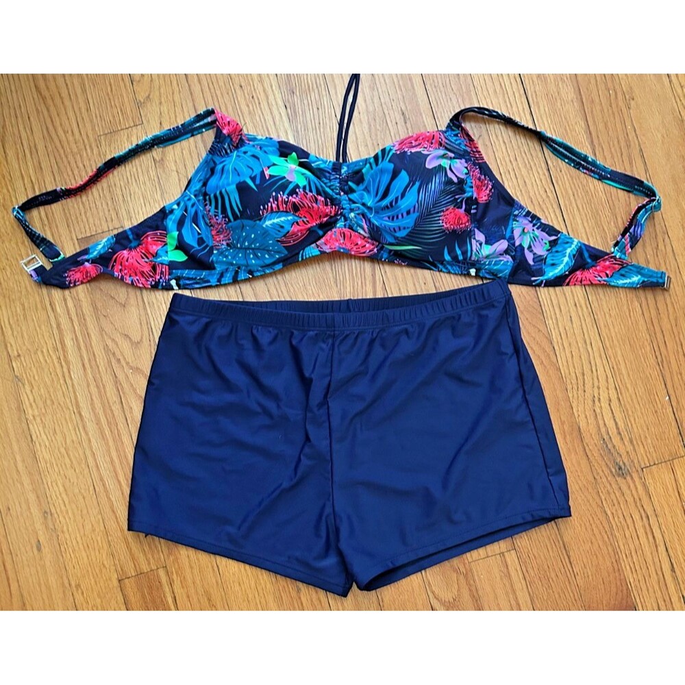 Womens XL D Navy Blue Floral Print Bikini Set No Underwire Padded 2pc
